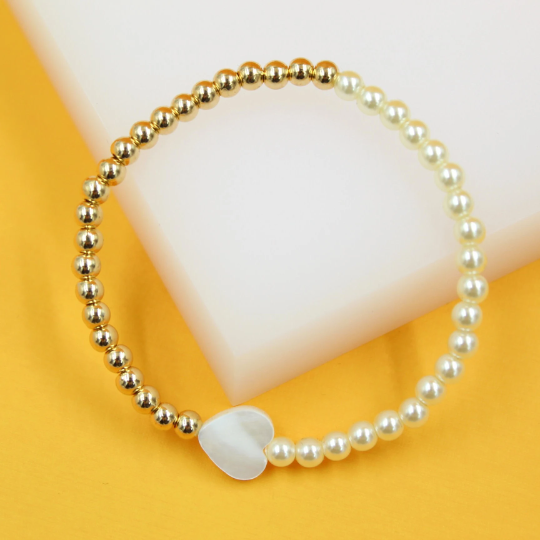 Gold Beaded Pearl Heart Bracelet
