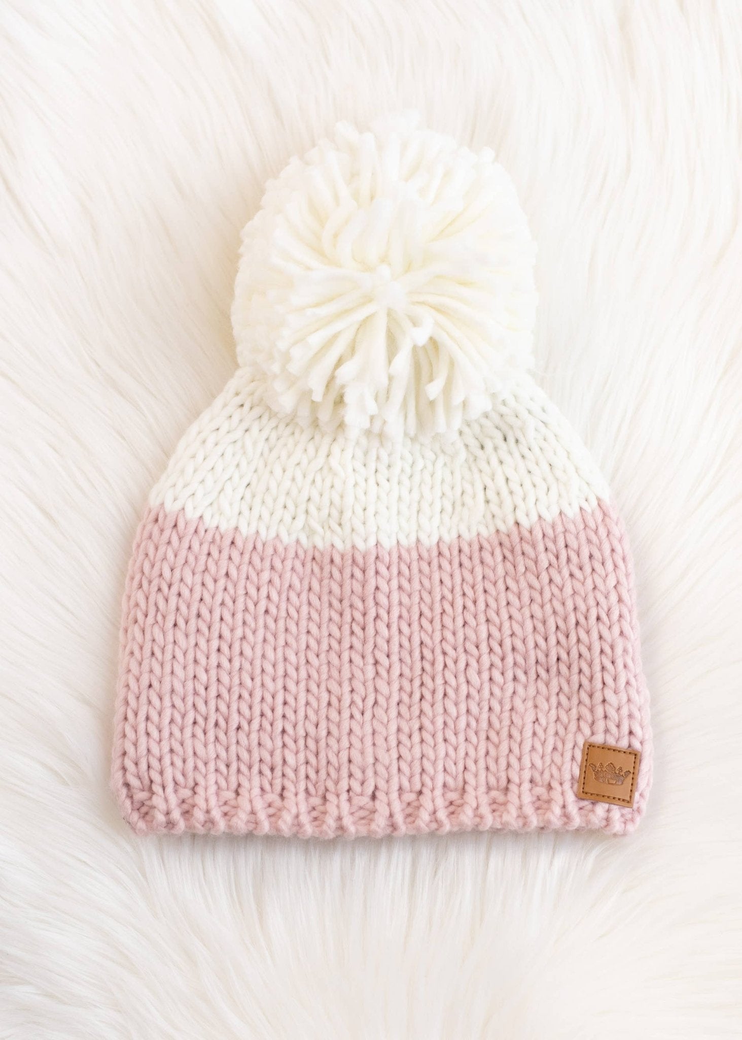 Pink & White Color Block Pom Beanie - Golden Hour Boutique