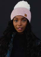 Pink & White Color Block Pom Beanie - Golden Hour Boutique