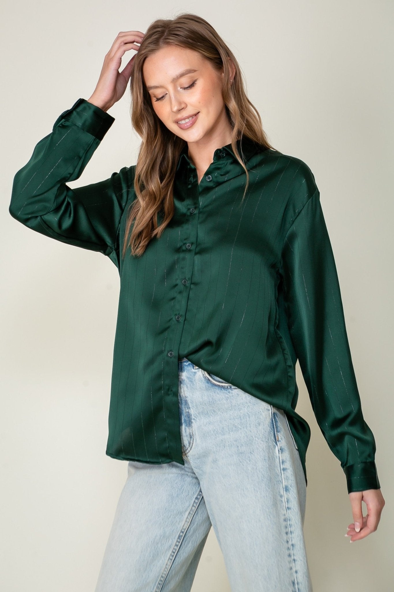 Satin Stunner Button Down Top - Golden Hour BoutiqueLong Sleeve Blouse