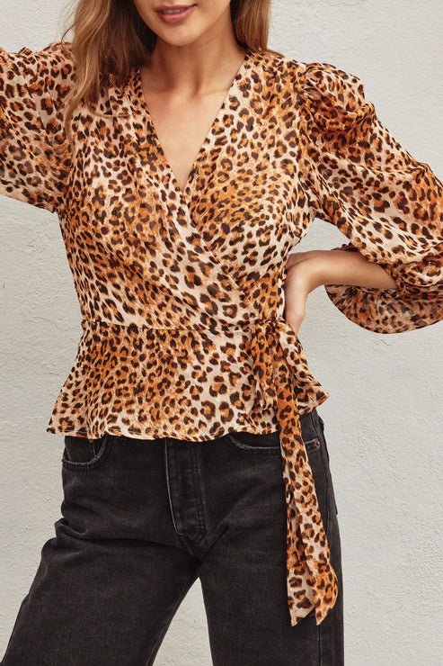 Stay Golden Leopard Wrap Top - Golden Hour BoutiqueLong Sleeve Blouse