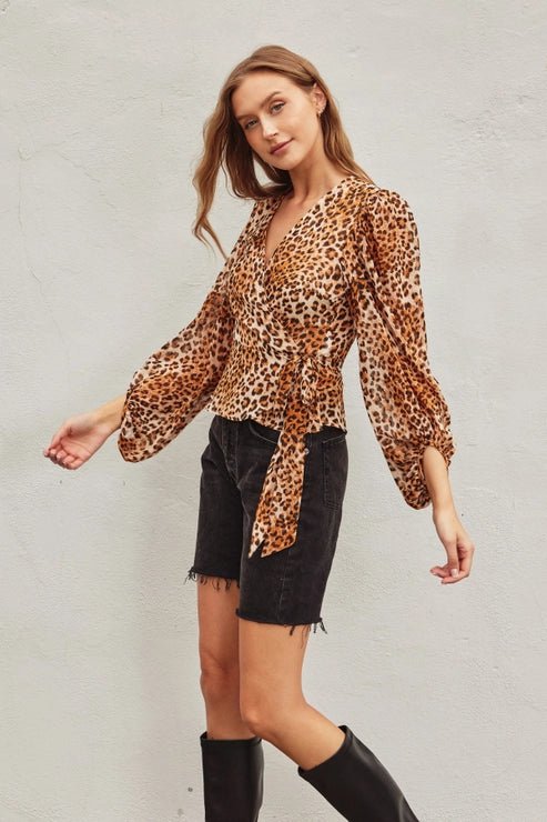 Stay Golden Leopard Wrap Top - Golden Hour BoutiqueLong Sleeve Blouse